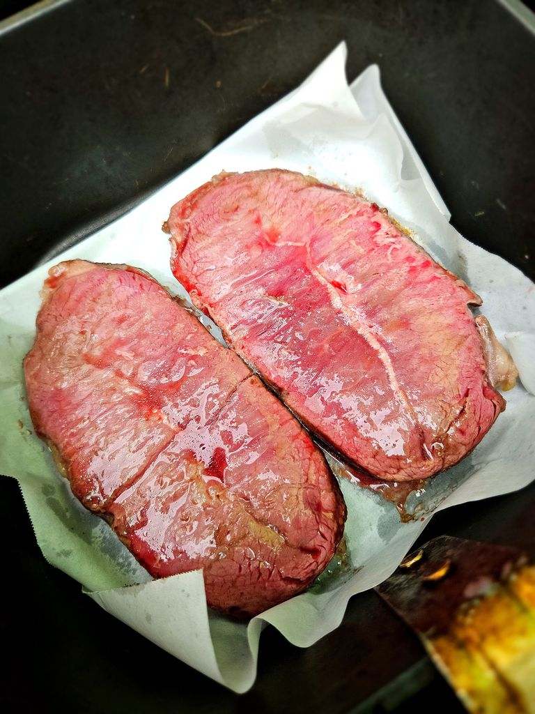 Steak after flipping — beautiful color developing Steak after flipping