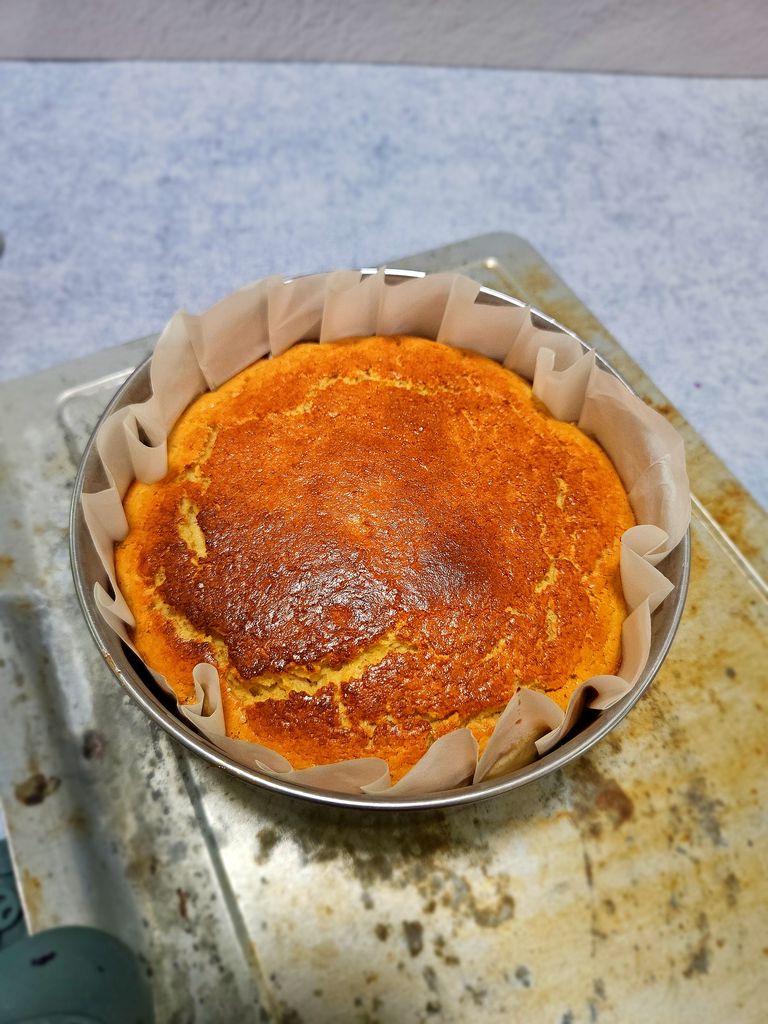 Just-baked apple Basque cheesecake with signature dark top Freshly baked