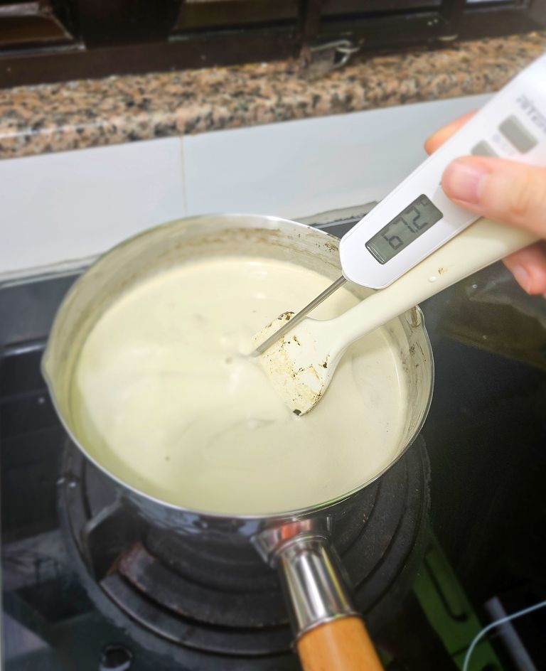 Cooking the custard until it reaches 80°C (176°F). I know the photo show 67.2°C. That is because I will be too busy turning off fire and removing it from the heat when it reaches 80°C rather than taking photo. Cook until 80 degree