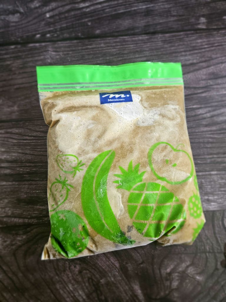 Freezing the hojicha custard flat in a zip-top bag Frozen zipbag