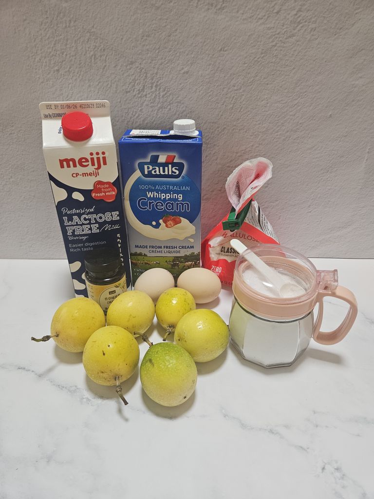 Ingredients for passion fruit ice cream Ingredients laid out