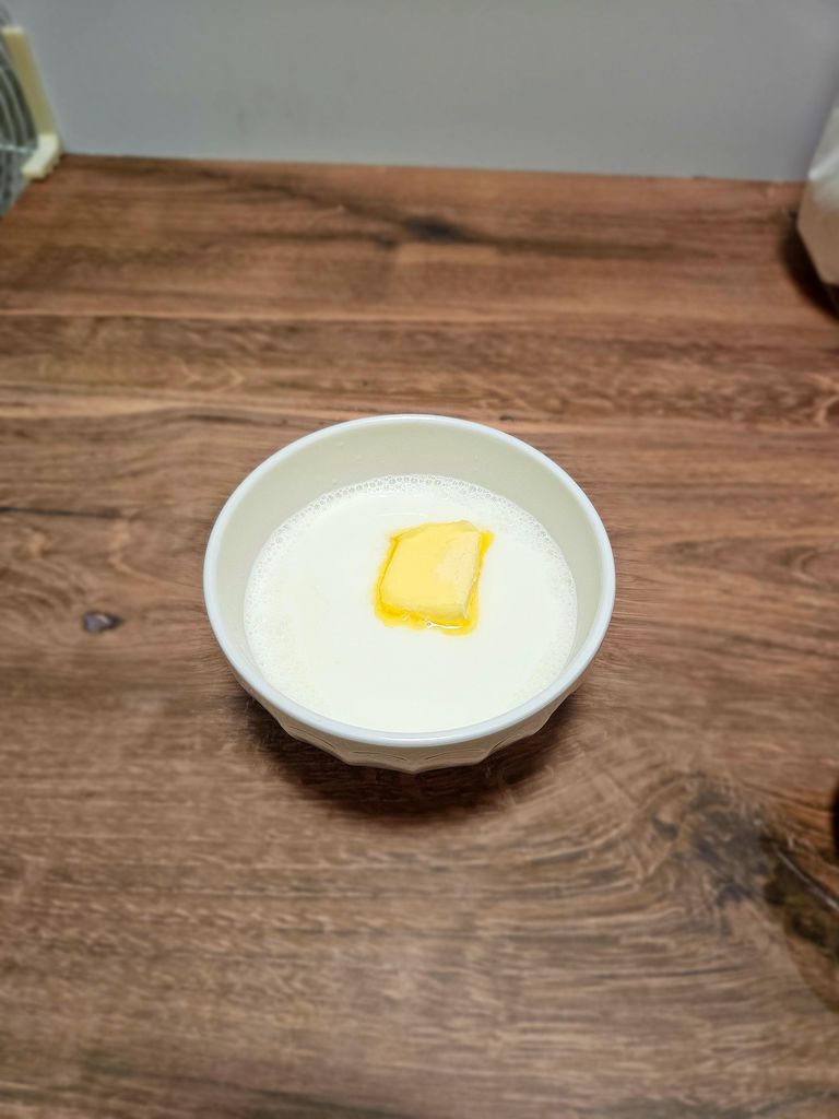 Warm milk, water, and butter mixture. Milk and butter and yeast