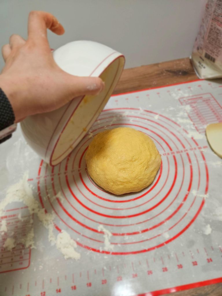 Dough resting and beginning its first rise.